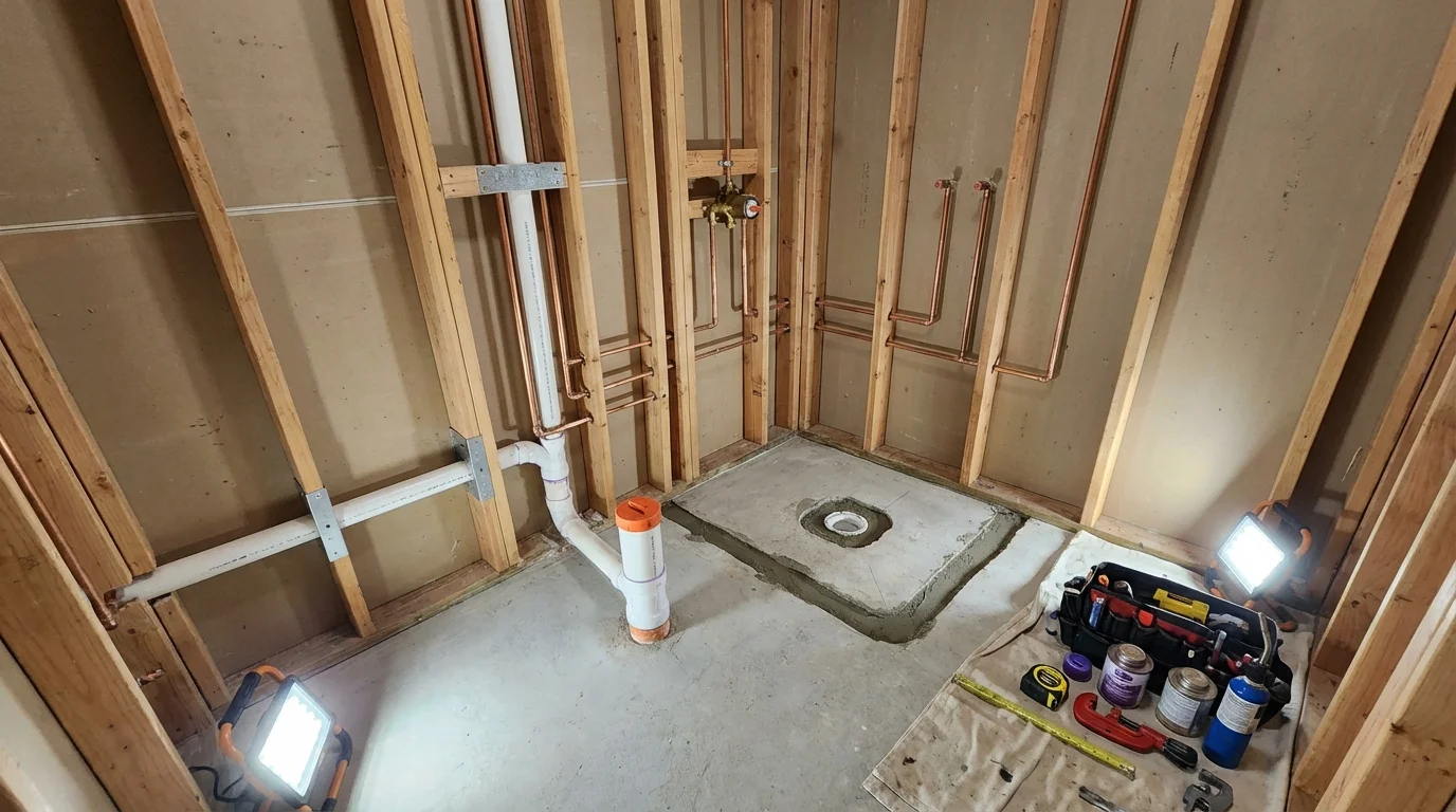 Bathroom rough-in plumbing during remodel by Johns Plumbing LLC in Hohenwald