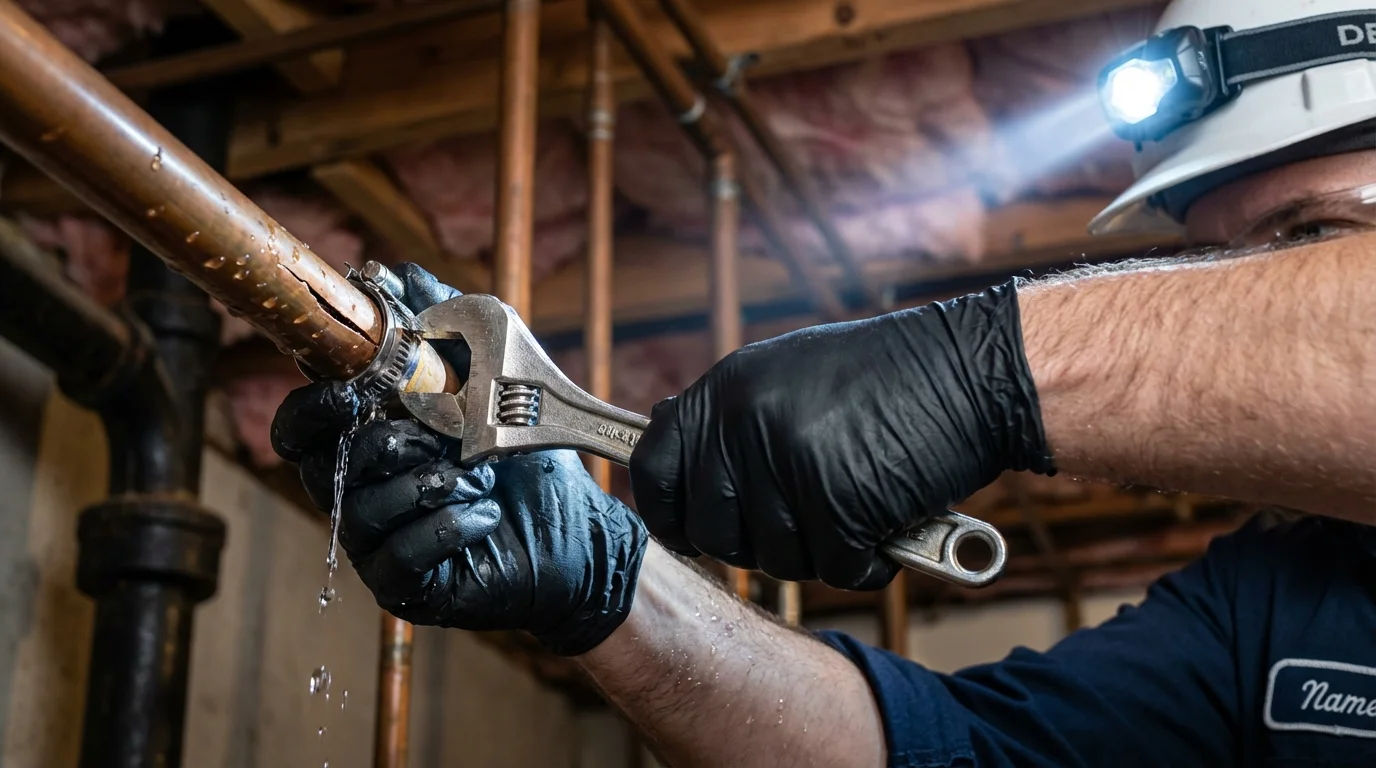 Emergency pipe clamp repair being performed by a Johns Plumbing LLC plumber in Hohenwald