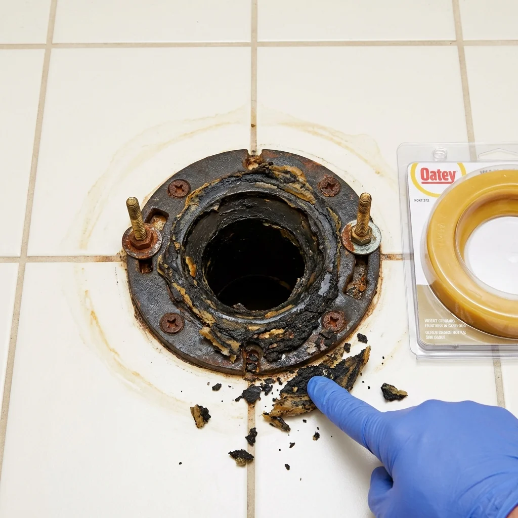 Failed wax ring showing water seepage at the base of a toilet in a Hohenwald, TN home