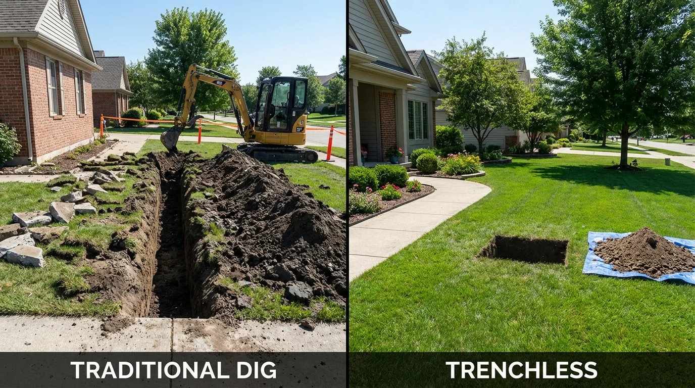 Trenchless sewer repair with minimal yard damage versus traditional excavation in Hohenwald, TN